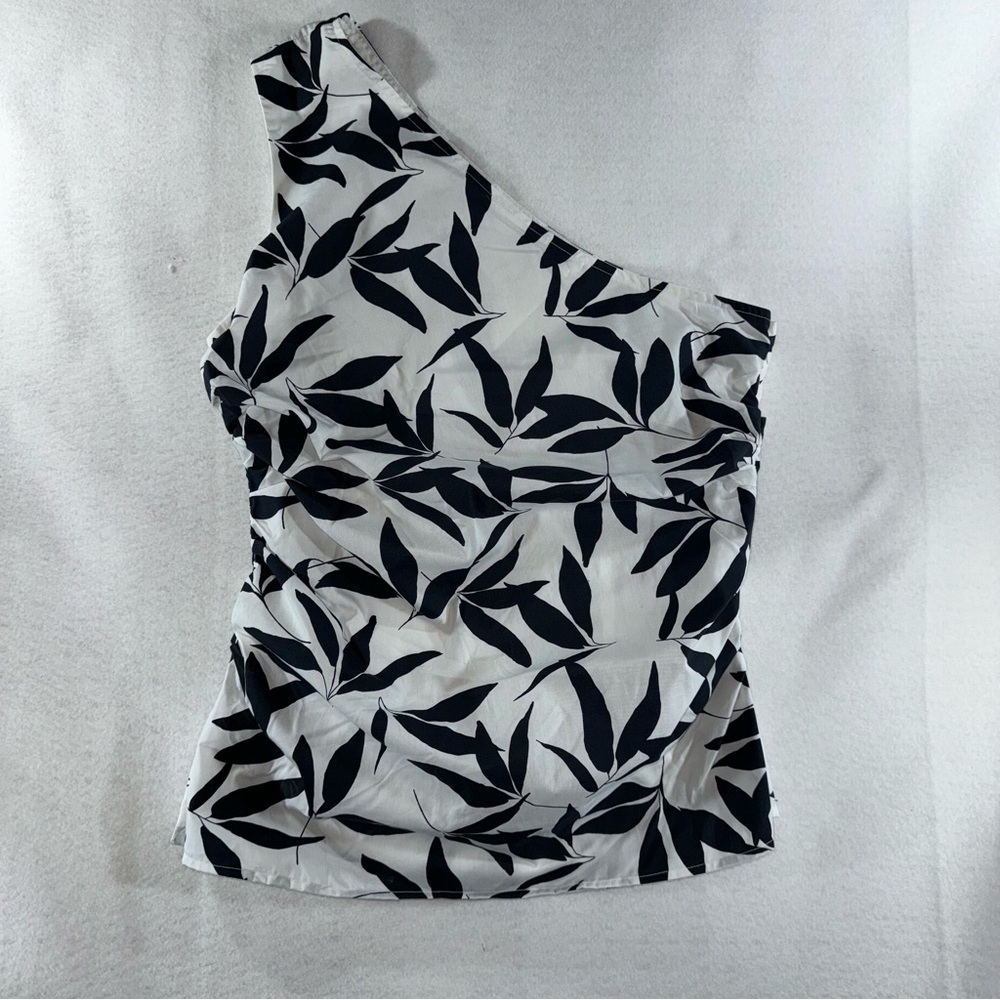 One-Shoulder Black and White Leaf Print Top formal business casual beach summer - Picture 2 of 15